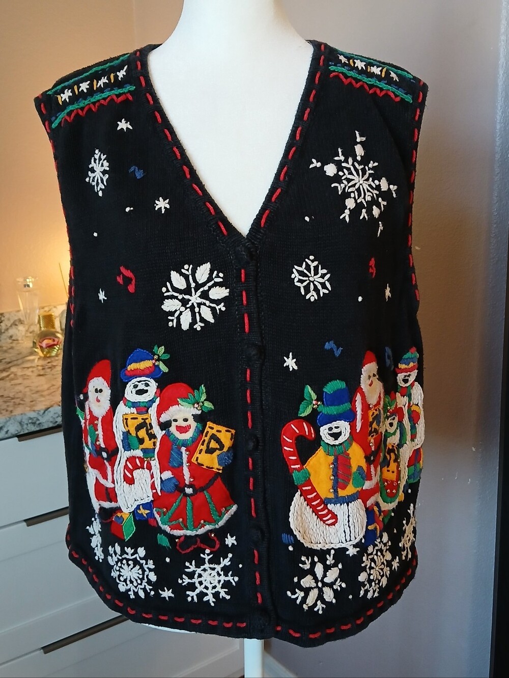 VTG Christmas Sweater Vest Cardigan Black Designers Originals Studio XL Snowmen